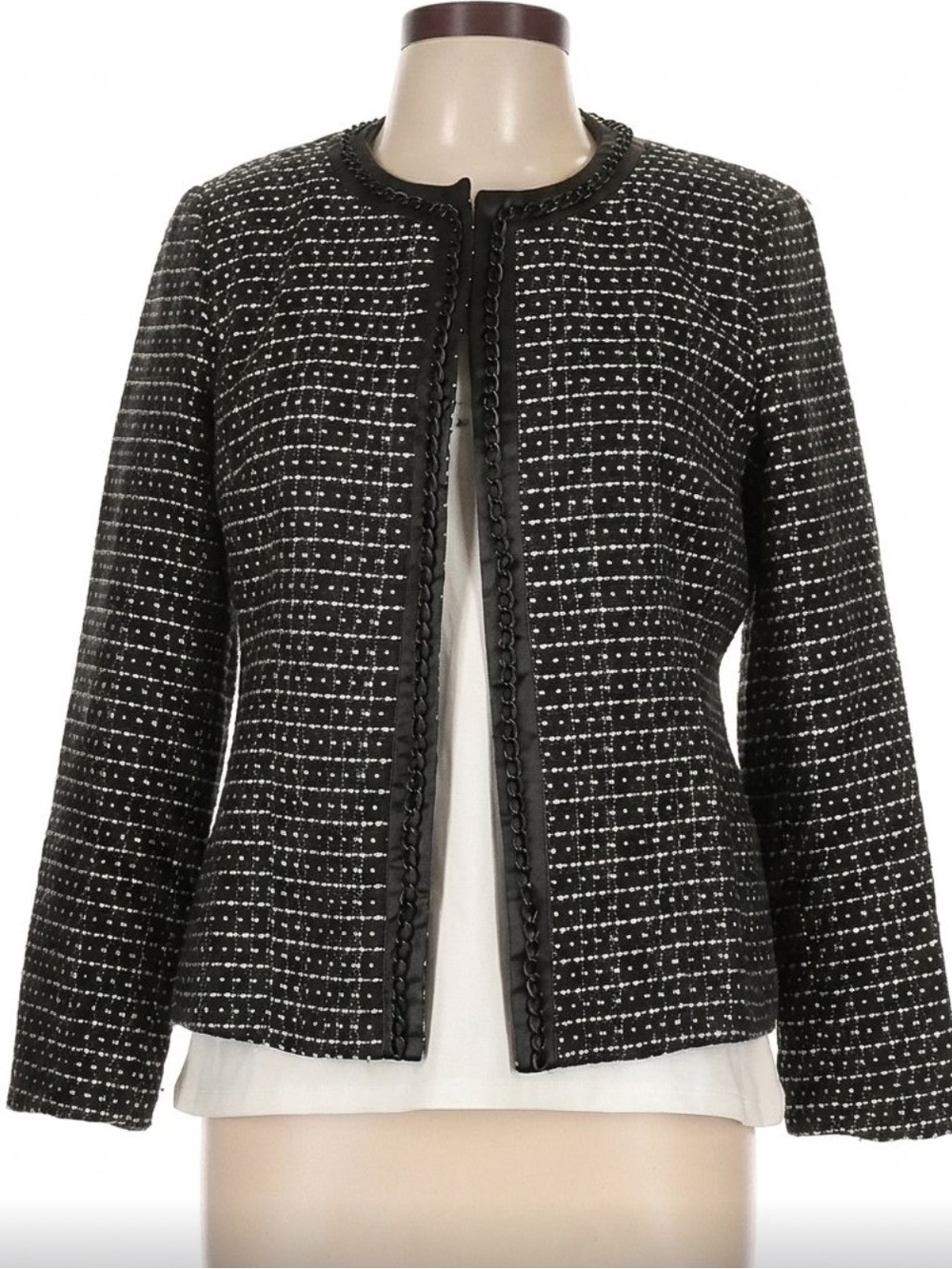 Brandon Thomas Black & White Tweed Open Front Blazer Chain detail Sz 14